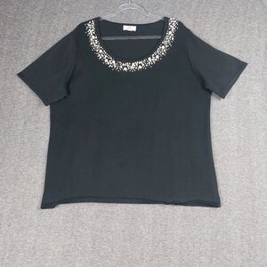 QUACKER FACTORY WOMENS BLACK PEARL EMBELLISHED SHORT SLEEVE GLAM SWEATER SIZE XL